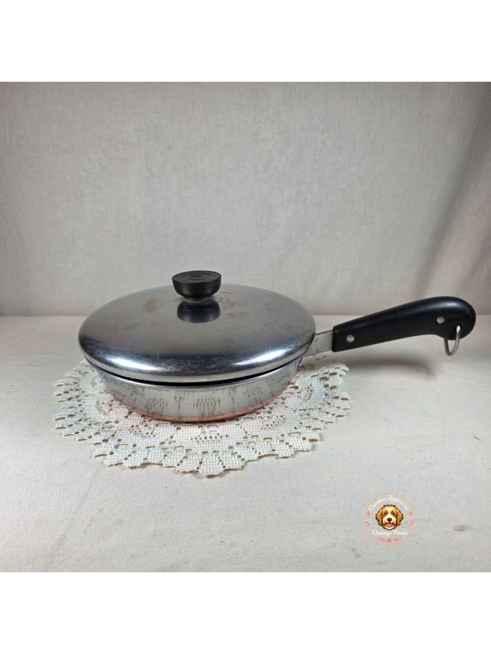 8" Vintage Revere Ware Copper Bottom Skillet With Lid Stainless Steel Black Hand